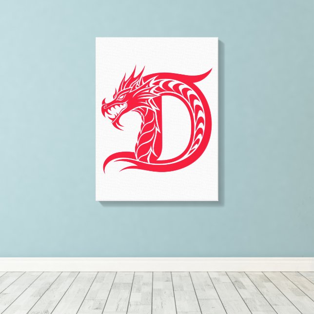 Dragon Styled Letter D, Dragon Alphabet, Monogram Canvas Print (Insitu(Wood Floor))