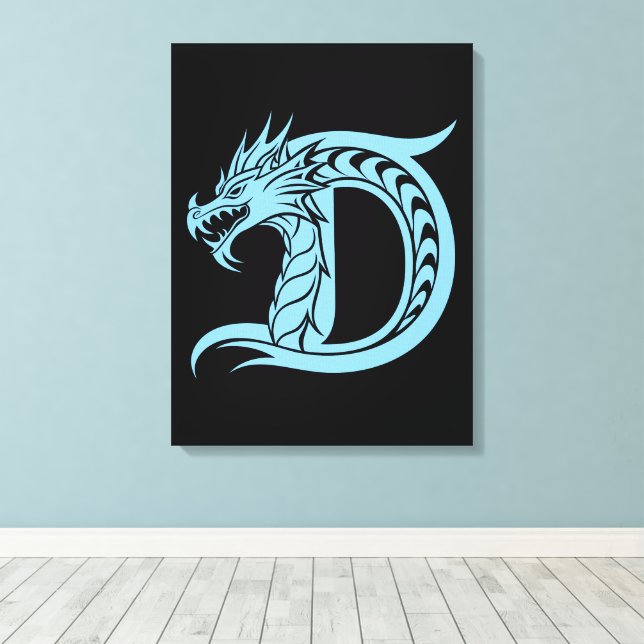 Dragon Styled Letter D, Dragon Alphabet, Monogram Canvas Print (Insitu(Wood Floor))
