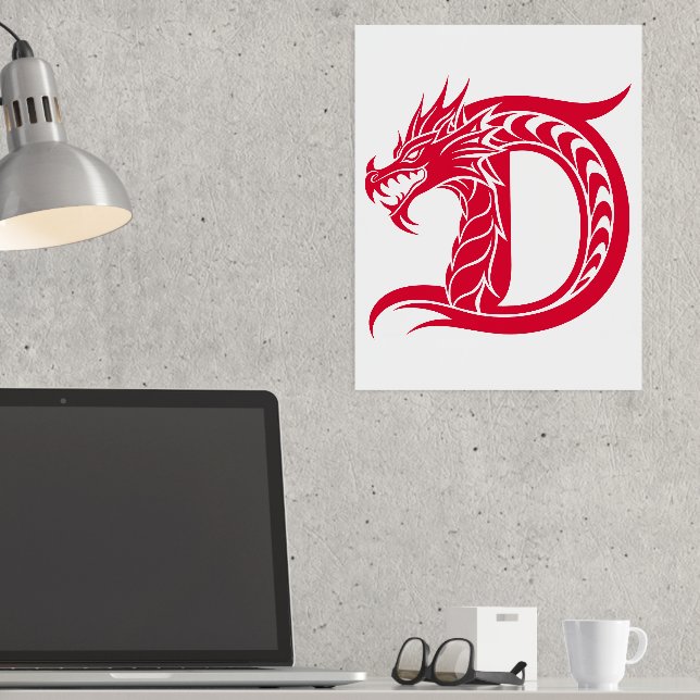 Dragon Styled Letter D, Dragon Alphabet, Monogram Foil Prints (In Situ (Desk))