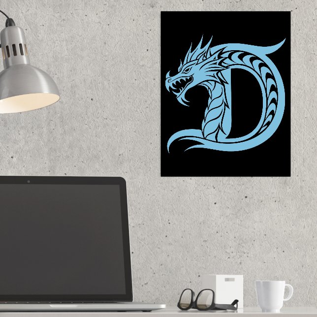 Dragon Styled Letter D, Dragon Alphabet, Monogram Foil Prints (In Situ (Desk))