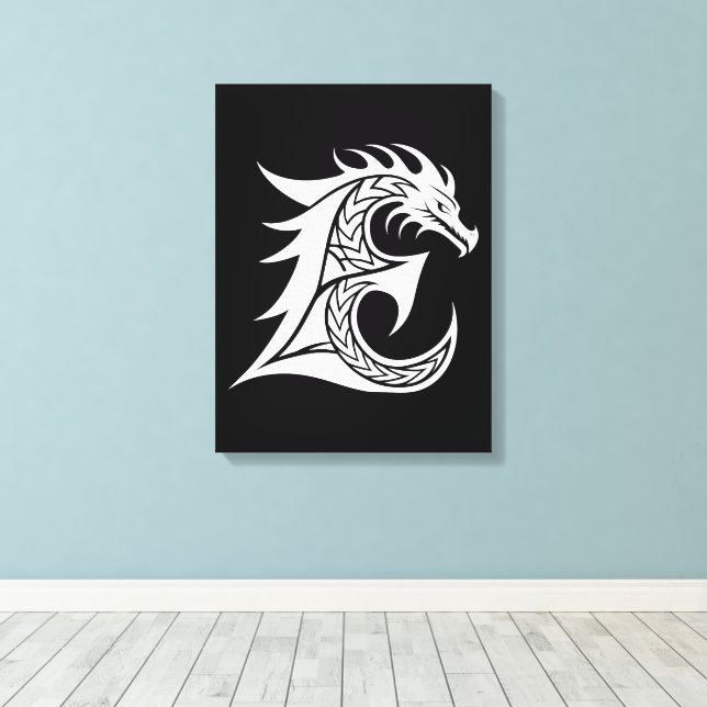 Dragon Styled Letter E, Dragon Alphabet, Monogram Canvas Print (Insitu(Wood Floor))