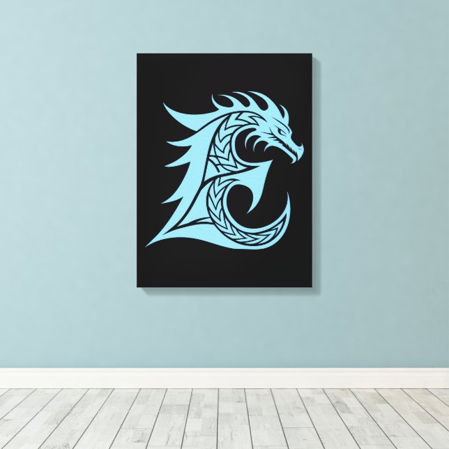 Dragon Styled Letter E, Dragon Alphabet, Monogram Canvas Print (Insitu(Wood Floor))