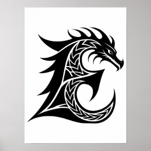 Dragon Styled Letter E, Dragon Alphabet, Monogram Poster