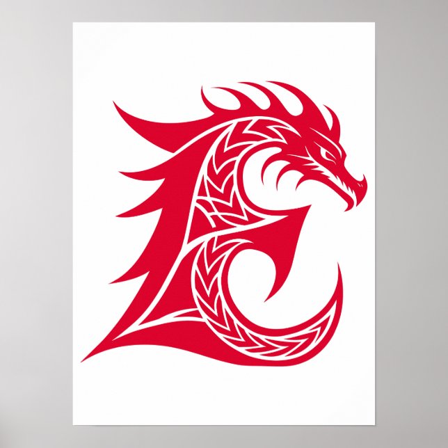 Dragon Styled Letter E, Dragon Alphabet, Monogram Poster (Front)