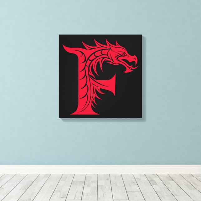 Dragon Styled Letter F, Dragon Alphabet, Monogram Canvas Print (Insitu(Wood Floor))