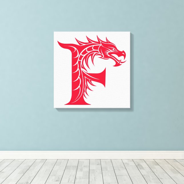 Dragon Styled Letter F, Dragon Alphabet, Monogram Canvas Print (Insitu(Wood Floor))