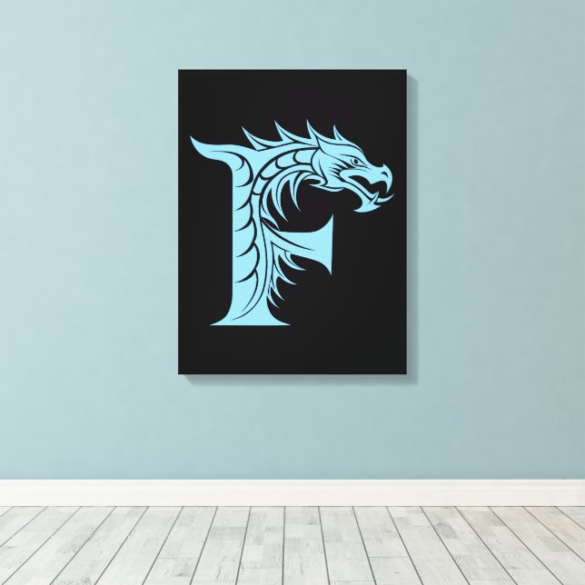 Dragon Styled Letter F, Dragon Alphabet, Monogram Canvas Print (Insitu(Wood Floor))