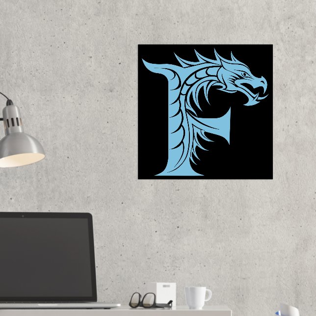 Dragon Styled Letter F, Dragon Alphabet, Monogram Foil Prints (In Situ (Desk 2))