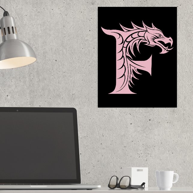 Dragon Styled Letter F, Dragon Alphabet, Monogram Foil Prints (In Situ (Desk))
