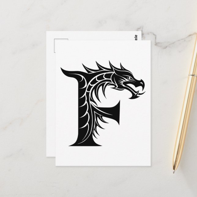 Dragon Styled Letter F, Dragon Alphabet, Monogram Postcard (Front/Back In Situ)