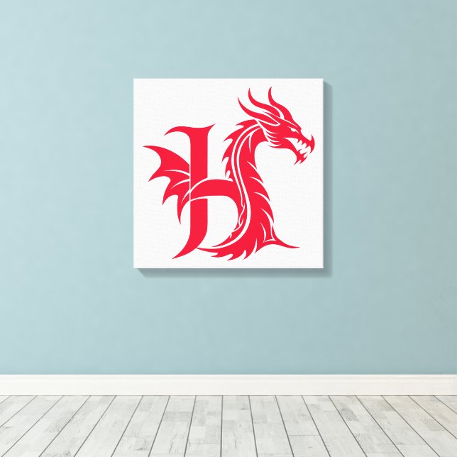 Dragon Styled Letter H, Dragon Alphabet, Monogram Canvas Print (Insitu(Wood Floor))
