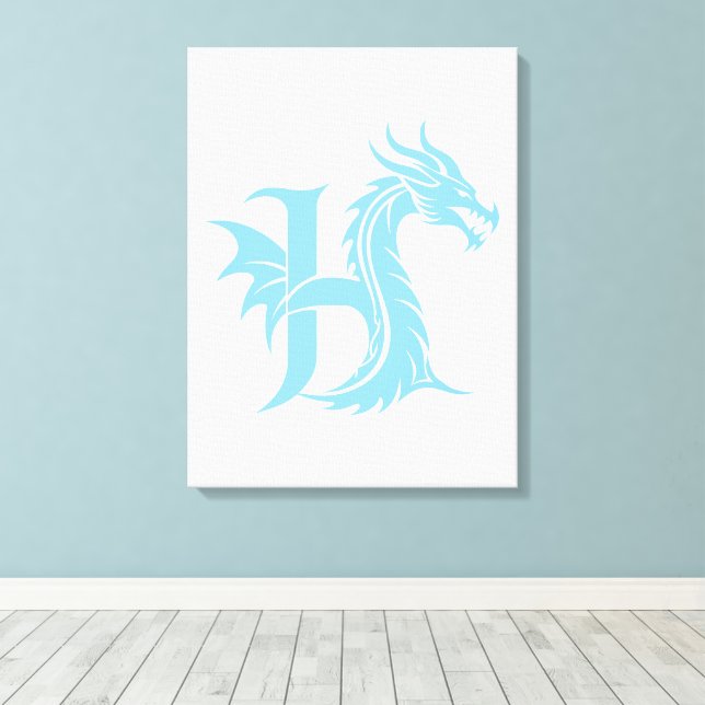 Dragon Styled Letter H, Dragon Alphabet, Monogram Canvas Print (Insitu(Wood Floor))