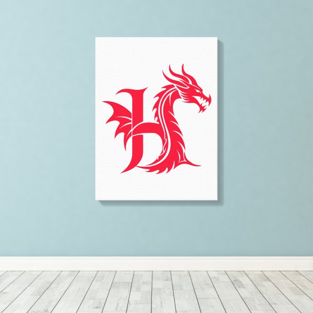 Dragon Styled Letter H, Dragon Alphabet, Monogram Canvas Print (Insitu(Wood Floor))