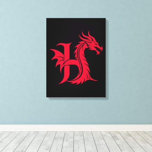 Dragon Styled Letter H, Dragon Alphabet, Monogram Canvas Print (Insitu(Wood Floor))