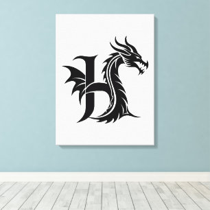 Dragon Styled Letter H, Dragon Alphabet, Monogram Canvas Print