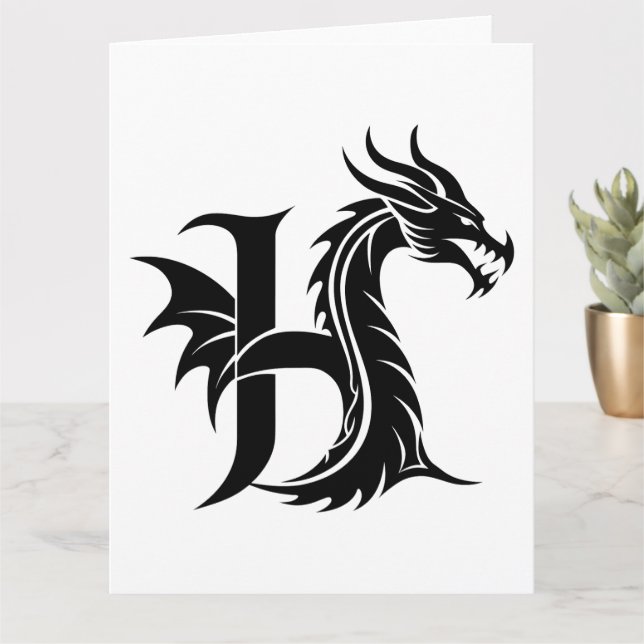 Dragon Styled Letter H, Dragon Alphabet, Monogram Card (Small Plant)