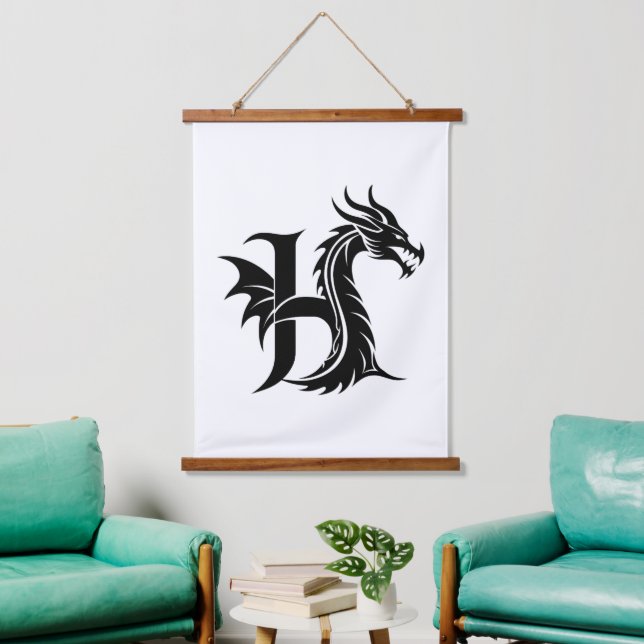 Dragon Styled Letter H, Dragon Alphabet, Monogram Hanging Tapestry (Living Room)