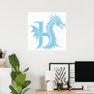 Dragon Styled Letter H, Dragon Alphabet, Monogram Poster