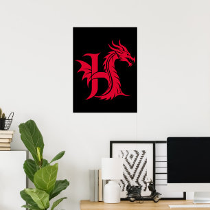 Dragon Styled Letter H, Dragon Alphabet, Monogram Poster