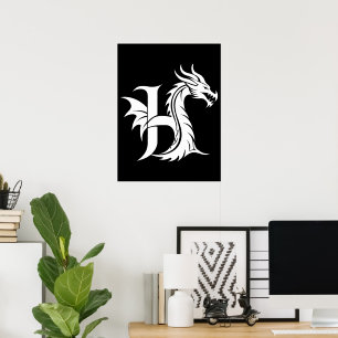 Dragon Styled Letter H, Dragon Alphabet, Monogram Poster