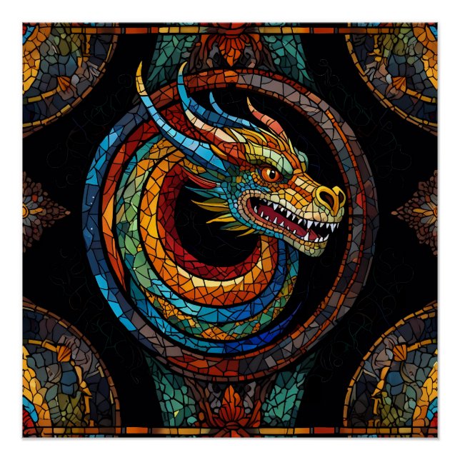 Dragon Swirl in multi colored mosaic design Poster (Front)