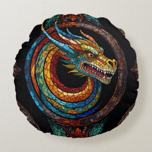Dragon Swirl in multi colored mosaic design Round Pillow