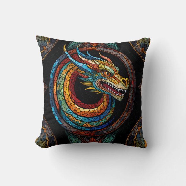 Dragon Swirl in multi colored mosaic design Throw Pillow (Front)