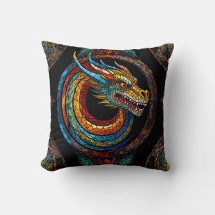 Dragon Swirl in multi coloured mosaic design Throw Pillow