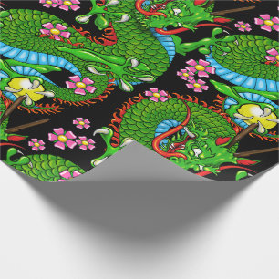 Dragon Tattoo Art in Green Red with Cherry Blossom Wrapping Paper