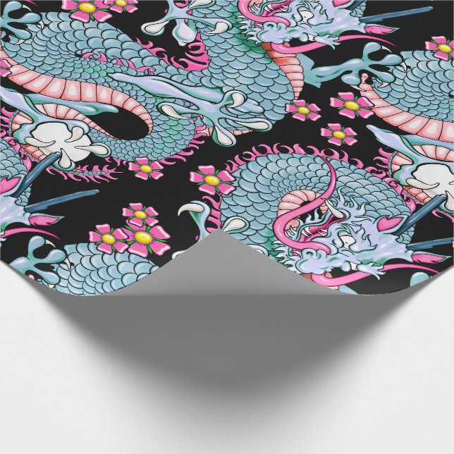 Dragon Tattoo Art in Pink and Peach Melba Wrapping Paper (Corner)