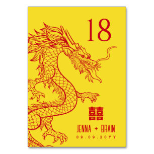 Dragon Theme Double Happiness Red on Gold Table Number