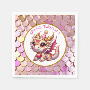 Dragon Themed Pink and Gold Personalized Birthday Napkin
