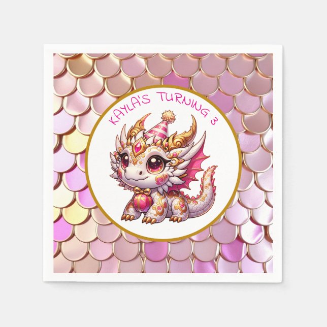 Dragon Themed Pink and Gold Personalized Birthday Napkin (Front)