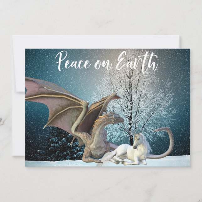 Dragon Unicorn Peace on Earth Fantasy Holiday Card (Front)