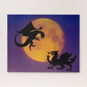 Dragon Vs Dragon Silhouette and Moon  Jigsaw Puzzle