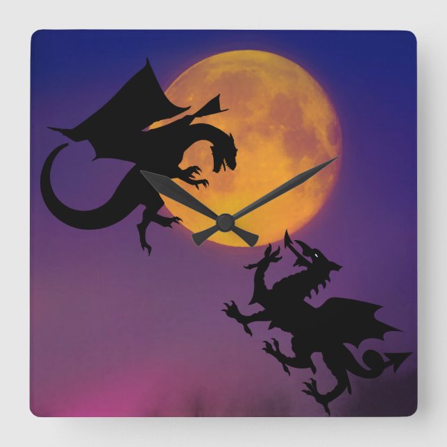 Dragon Vs Dragon Silhouette and Moon Wall  Square Wall Clock (Front)