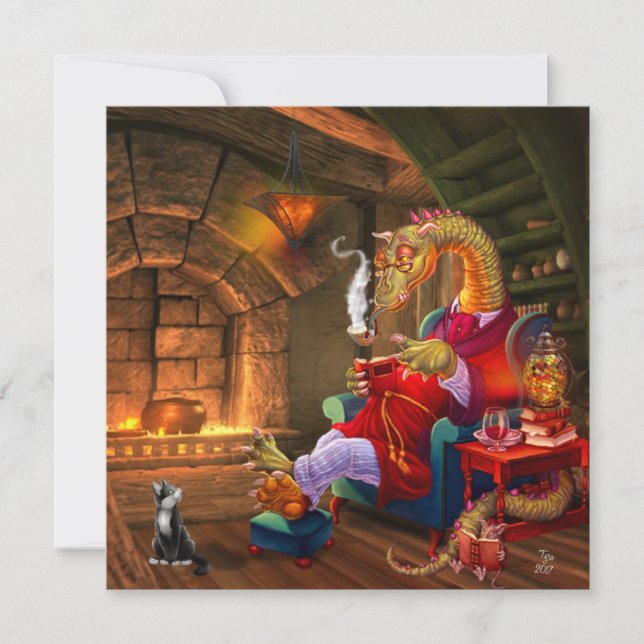 Dragon Warm By The Fire Holiday Card (Front)