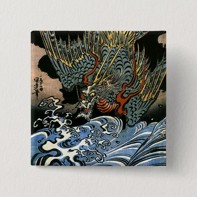 Dragon & Water Spirit Kuniyoshi Japanese Fine Art 2 Inch Square Button (Front)