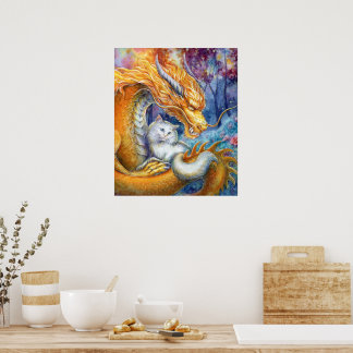 Dragon & White Cat in Forest Watercolor Fine Art Poster