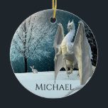 Dragon Winter Ice Crystals Snow Christmas Ceramic Ornament<br><div class="desc">This design was created though digital art. It may be personalized by choosing the customize option. Contact me at colorflowcreations@gmail.com or use the chat option at the top of the page if you wish to have this design on another product. Purchase my original abstract acrylic painting for sale at www.etsy.com/shop/colorflowart....</div>