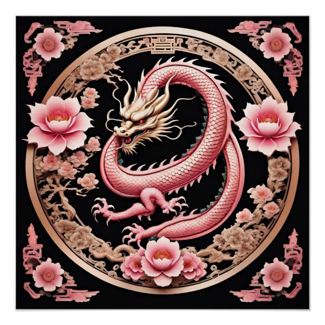 Dragon with Pink Flowers  Poster (Front)
