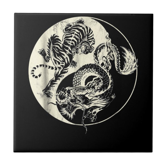Dragon With Tiger Tattoo YIN And Yang Beast Fight Tile (Front)