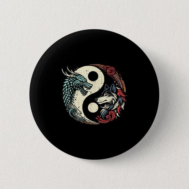 Dragon Wolf Yin Yang Chinese Mythical Zen Men Wome 2 Inch Round Button (Front)