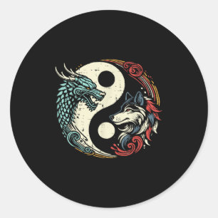 Dragon Wolf Yin Yang Chinese Mythical Zen Men Wome Classic Round Sticker