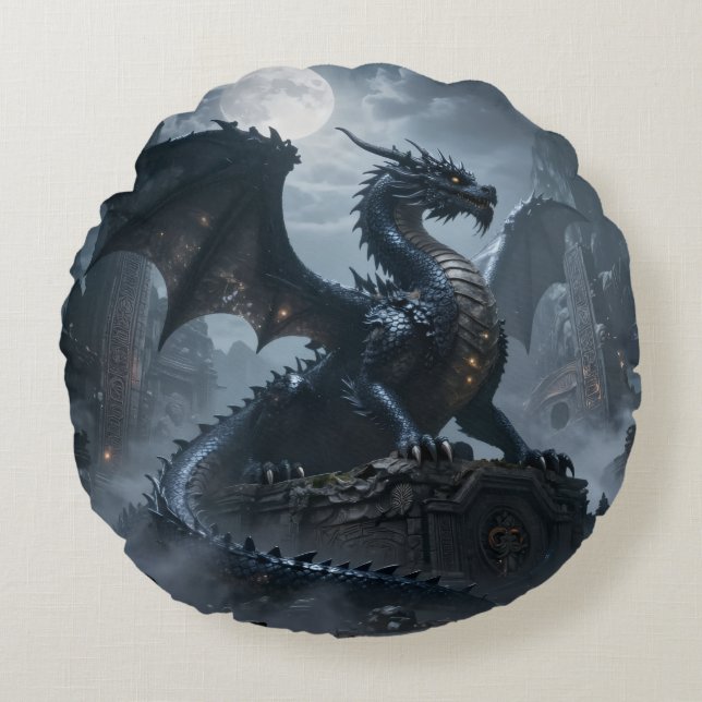 Dragon World – The Realm of Fire and Magic Round Pillow (Front)