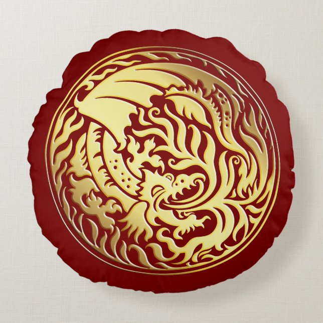 Dragoncircle - Gold on Red Round Pillow (Front)