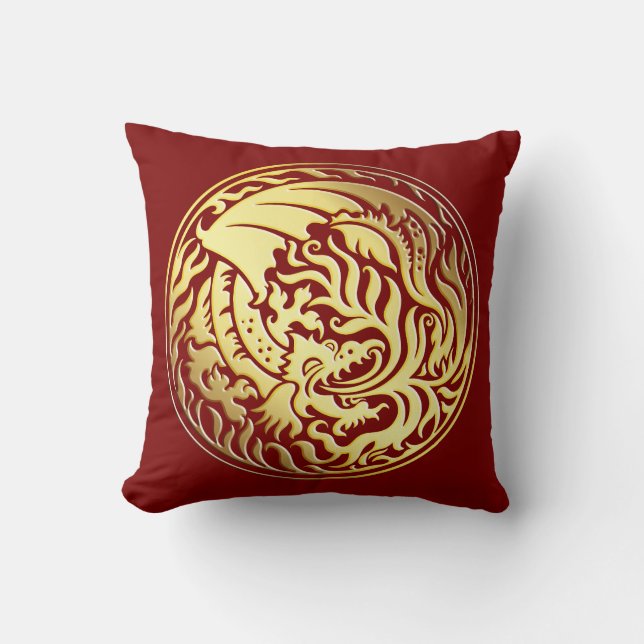Dragoncircle - Gold on Red Throw Pillow (Front)