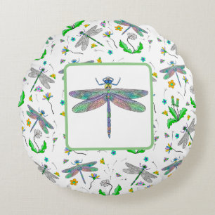 Dragonflies and Dandelions Round Pillow