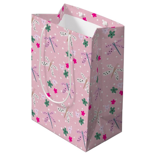 Dragonflies and Flowers On Polka Dots Medium Gift Bag (Back Angled)