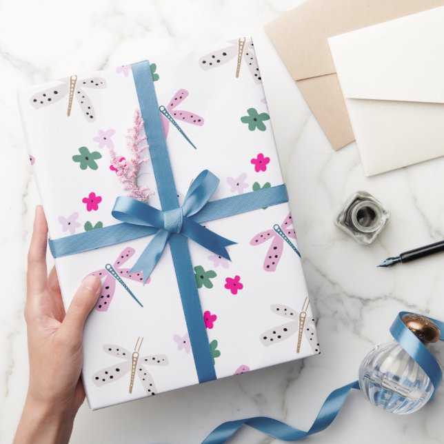 Dragonflies and Flowers On White Wrapping Paper (Gifting)